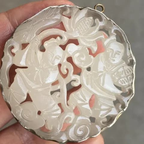 Silver-Tone Jade-Inlaid Figure Pendant image 2
