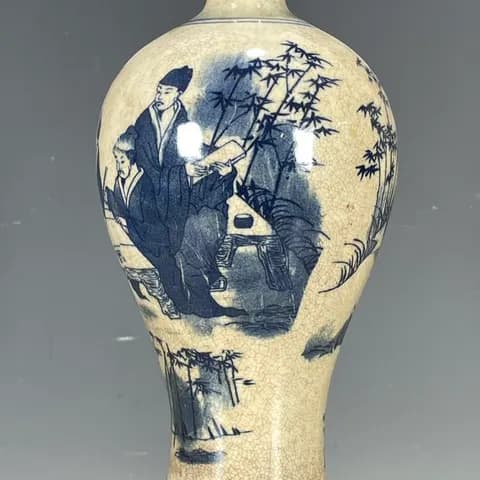 Antique-Style Blue-and-White Crackle-Glaze Meiping Vase with Figural Scene image 2