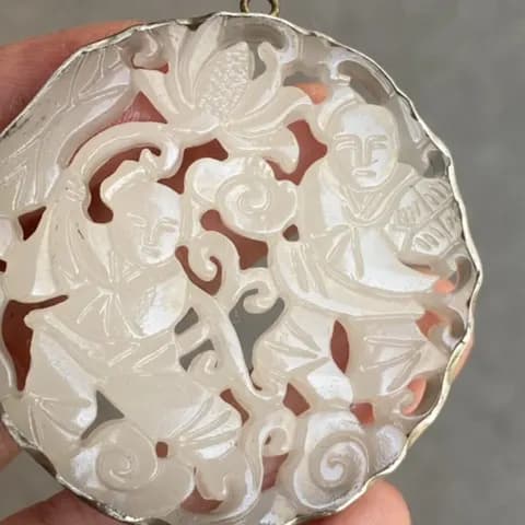 Silver-Tone Jade-Inlaid Figure Pendant