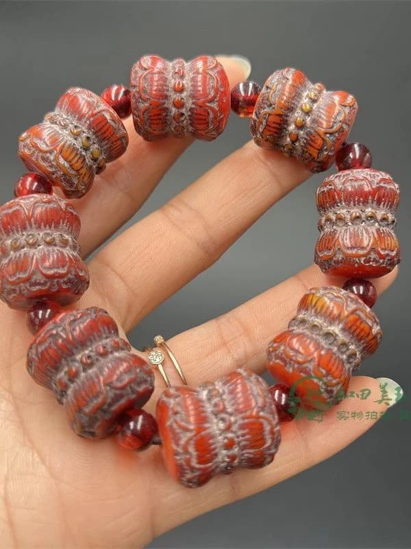 Faux Amber Lotus Prayer Bead Bracelet