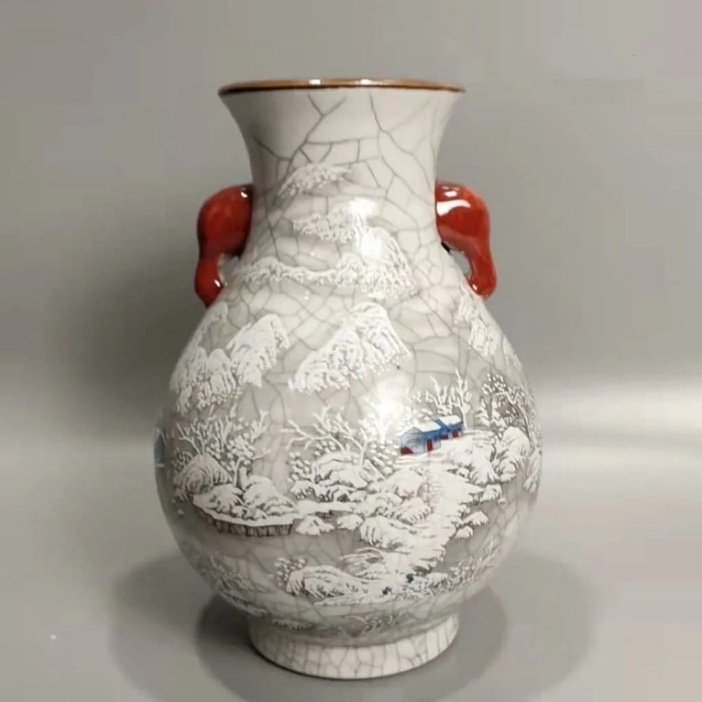 Famille-Rose Crackle-Glaze Snow-Scene Elephant-Handle Cylinder Ornament