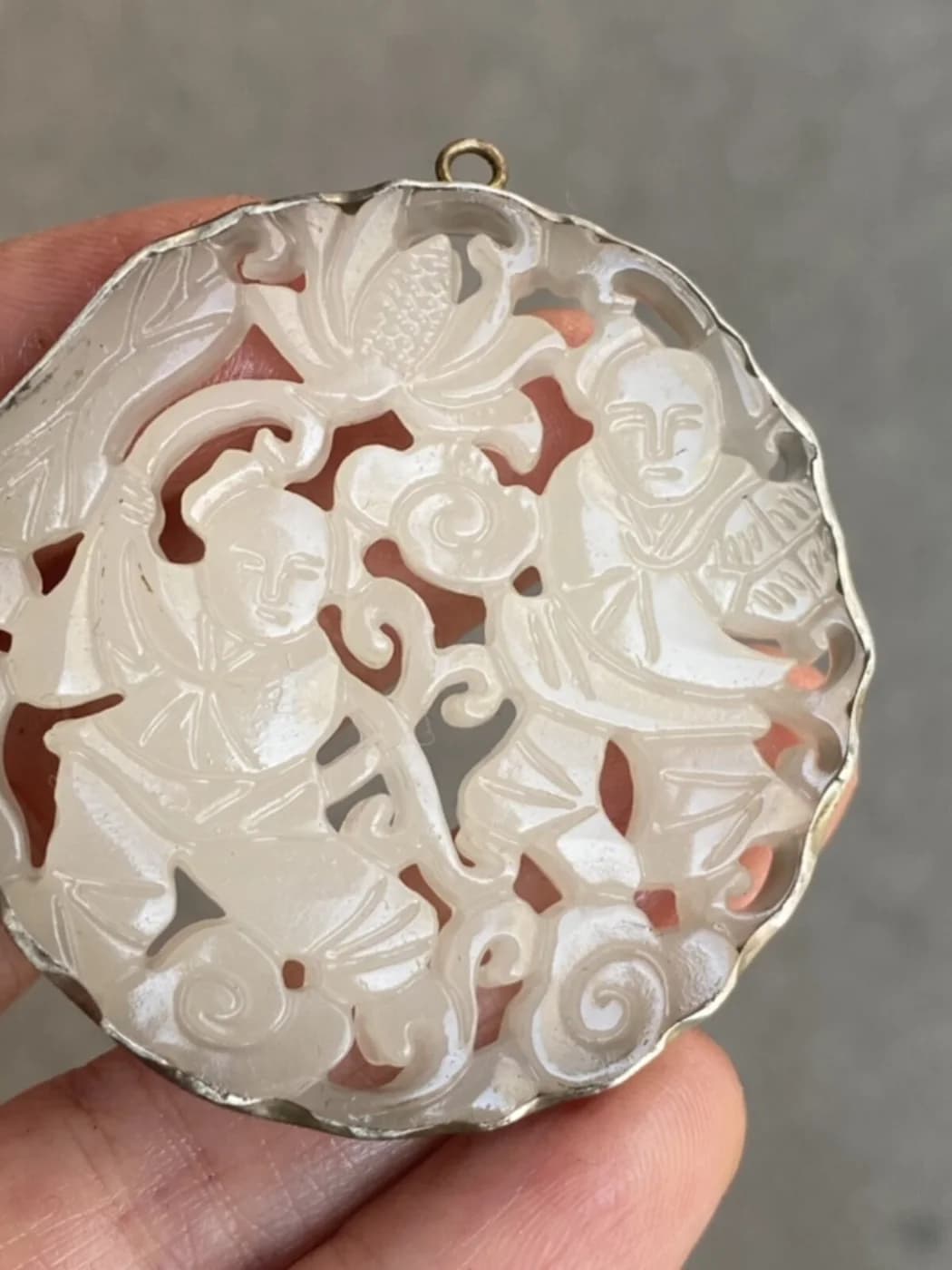 Silver-Tone Jade-Inlaid Figure Pendant